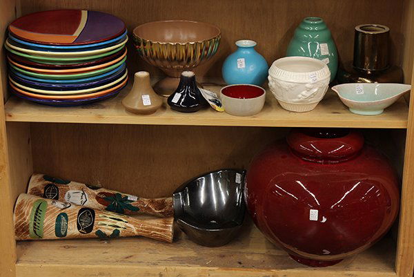 Collection of art pottery: (lot of 20) Collection of art pottery including Rain Waters, Byrdcliffe, New York, squat test vases in matte brown and glossy purple; Jaru oxblood globular vase; and abstract painted plates signed MNN