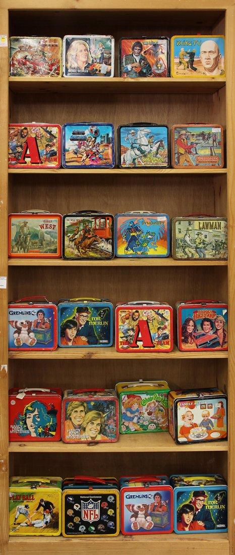 Collection of vintage metal lunch boxes: (lot of 24) Collection of vintage metal lunch boxes including Kung-Fu with thermos, 1974; Bionic Woman with thermos, 1978; The Fall Guy, 1981; two A-Team with thermoses; The Dukes of Hazzard, 1980; tw