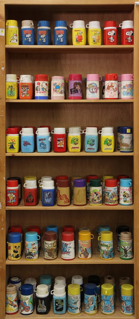 Collection vintage plastic thermoses: (lot of 86) Collection vintage plastic thermoses incluidng Muppets, Smurfs, Hello Kitty, Peanuts, E.T., Sesame Street, Punky Brewster, My Little Pony, Garfield, WWF, A-Team, Superman, Spider-Man, The