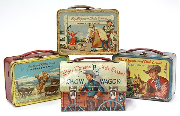 1950's Roy Rogers and Dale Evans Double R Bar Ranch and: (lot of 4) Vintage metal lunch boxes consisting of 1950's Roy Rogers and Dale Evans Double R Bar Ranch and Chow Wagon, including one dome examples, two with thermoses 7"h x 8"w x 4"d (paint and oxidat