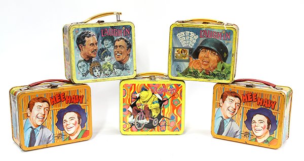 Vintage Laugh-In and Hee Haw metal lunch boxes: (lot of 5) Vintage metal lunch boxes consisting of three Laugh-In, 1968; two Hee-Haw, 1970, 7"h x 8"w x 4"d (paint and oxidation losses)