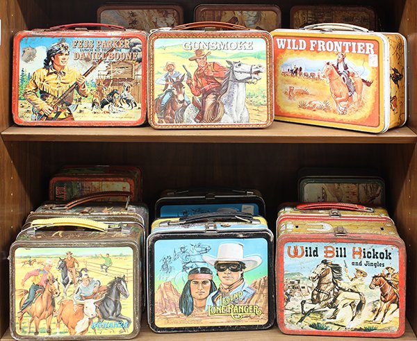 Collection of vintage metal lunch boxes: (lot of 14) Collection of vintage metal lunch boxes including two Wild Bill Hickock and Jingles, 1955; two Davy Crocket, 1955; Gunsmoke, 1972; Fess Parker, 1965; Lawman, 1961; Wild Frontier, 1970's; t