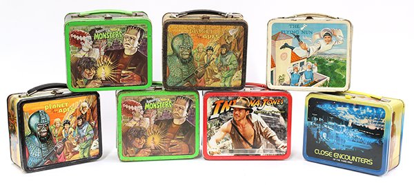 Vintage metal lunch boxes: (lot of 7) Vintage metal lunch boxes consisting of The Flying Nun, 1968; Indiana Jones and the Temple of Doom with thermos, 1984; two Planet of the Apes, 1984; Close Encounters of the Third Kind, 1977