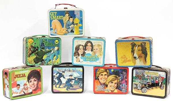 Vintage metal lunch boxes: (lot of 8) Vintage metal lunch boxes consisting of Get Smart, 1966; Julia, 1969; The Green Hornet, 1967; Charlie's Angels, 1978; Adam-12 with thermos, 1972; Hardy Boys Mysteries, 1977; The Magic of La