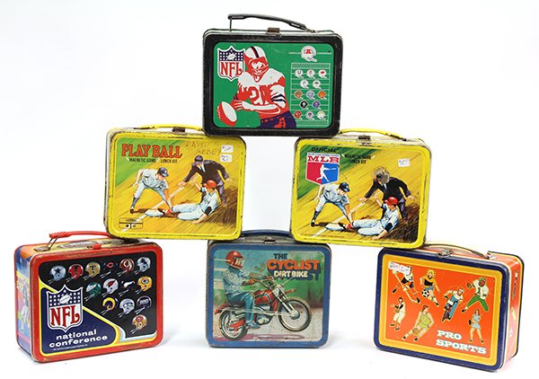 Vintage metal lunch boxes: (lot of 6) Vintage metal lunch boxes consiting of NFL; MLB, 1968; Play Ball 1969; NFL 1976; Pro Sports; The Cyclist Dirt Bike/Moped with thermos, 1979, 7"h x 8"w x 4"d (paint and oxidation losses)