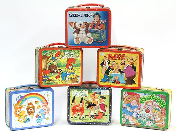 Vintage metal lunch boxes: (lot of 6) Vintage metal lunch boxes consisting of Hector Heathcote, 1964; Woody Woodpecker, 1972; Popeye, 1980; Cabbage Patch Kids, Care Bears, 1983; and Gremlins with thermos, 1984, 7"h x 8"w x 4"d