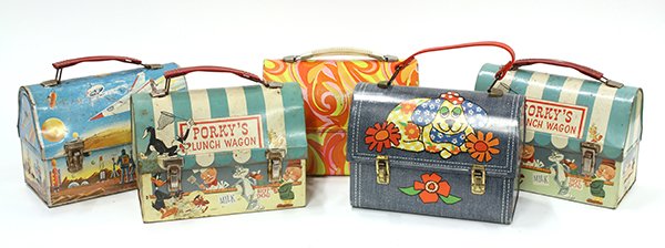 Vintage metal dome lunch boxes: (lot of 6) Vintage metal dome lunch boxes consisting of Psychedelic, 1969; two Porky's Lunch Wagon, 1959; Astronauts, 1960; Denim Diner, 1975 6"h x 8.75"w x 4.25"d (paint and oxidation losses)