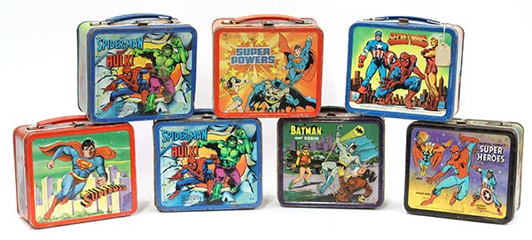 Vintage Metal lunch boxes: (lot of 7) Vintage Metal lunch boxes consisting of Batman and Robin with thermos, 1966; two Spider-Man and The Hulk/Captain America, one with thermos, 1980; Super Powers, 1983; Secert Wars, and all Ma
