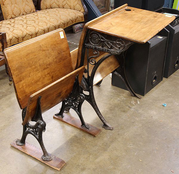 School house desk and seat: (lot of 2) School house desk and seat, Grand Rapids circa 1890, having a rectangular wood top with shelf underneath and hole for an ink well, a flip down seat connected to the front so that desks coul