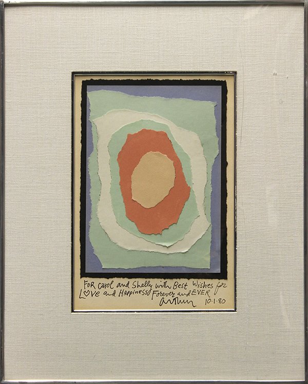 Paper collage, Arthur Secunda: Arthur Secunda (American, b. 1927), Eternity Collage, 1980, paper collage, signed and dated lower right, overall (with frame): 16''h x 12.75''w