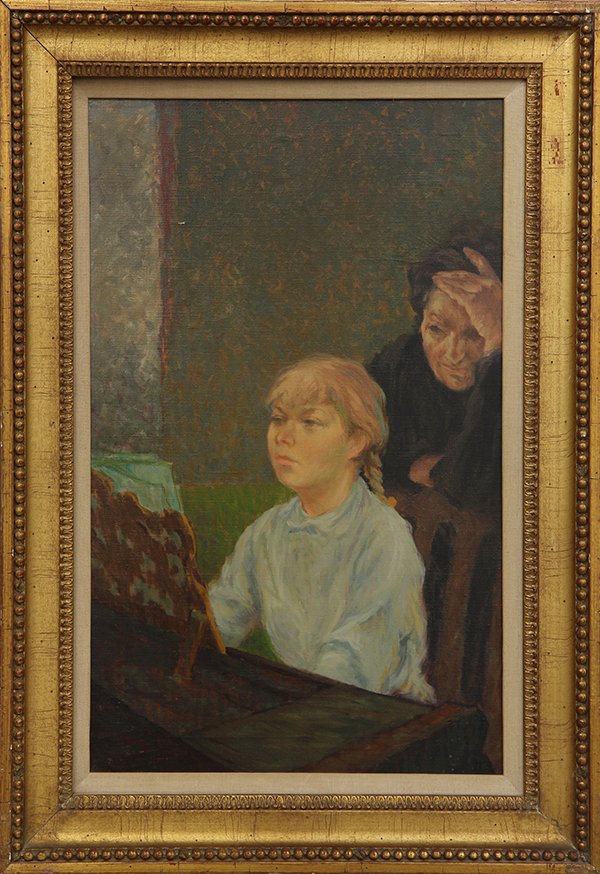 Painting, The Piano Lesson: American School (20th century), The Piano Lesson, oil on canvas, unsigned, overall (with frame): 32''h x 22''w
