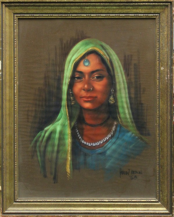 Pastel, Harley B. Brown: Harley W. Brown (American/Canadian, b.1939), Portrait of an Indian Lady, 1968, pastel, signed and dated lower right, sight: 26"h x 20"w, overall (with frame): 30.75"h x 24.75"w