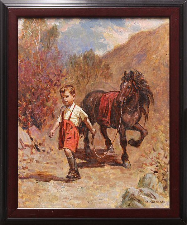 Painting, Nan Sheng Liu, Boy with Pony: Nan Sheng Liu (Chinese, 20th century), Boy with Pony, oil on canvas, signed lower right, overall (with frame): 23.25"h x 19.25"w
