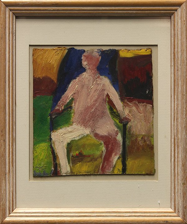Painting, Figure in Blue Chair: (lot of 4) American School (20th century), Figure in Blue Chair (n.d.) and Portrait of a Woman (1963), oil on board and mixed media collage, inscribed ''Donna Hudson'' verso and signed ''Oka, Jane'' a