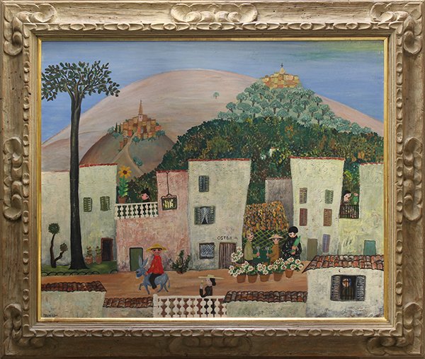 Painting, Villagers Enjoying the Osteria: Continental School (20th century), Villagers Enjoying the Osteria, mixed media on canvas, signed ''Tusnelda'' lower right, overall (with frame): 30''h x 35''w