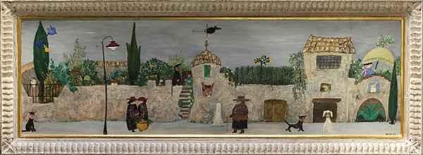 Painting, Village Street Scene: Continental School (20th century), Village Street Scene, mixed media on canvas, signed ''Tusnelda'' lower right, overall (with frame): 17.25''h x 47''w