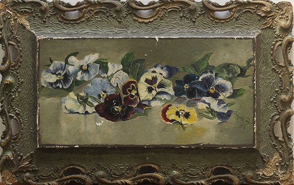 Painting, Continental School (19th century), Still Life: Continental School (19th century), Still Life with Pansies, 1898, oil on board, initialed and dated lower right, overall (with frame): 13.5"h x 21.75"w
