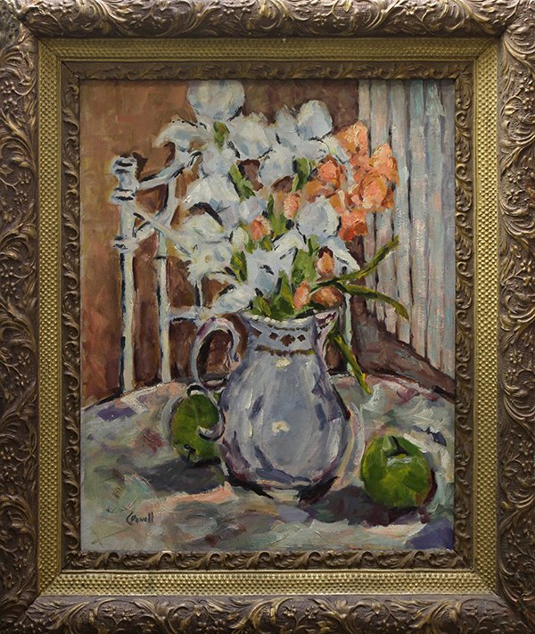 Painting, Still Life with Fruit and Flowers: Still Life with Fruit and Flowers, oil on canvas, signed "C. Powell" lower left, 20th century, overall (with frame): 26"h x 22"w