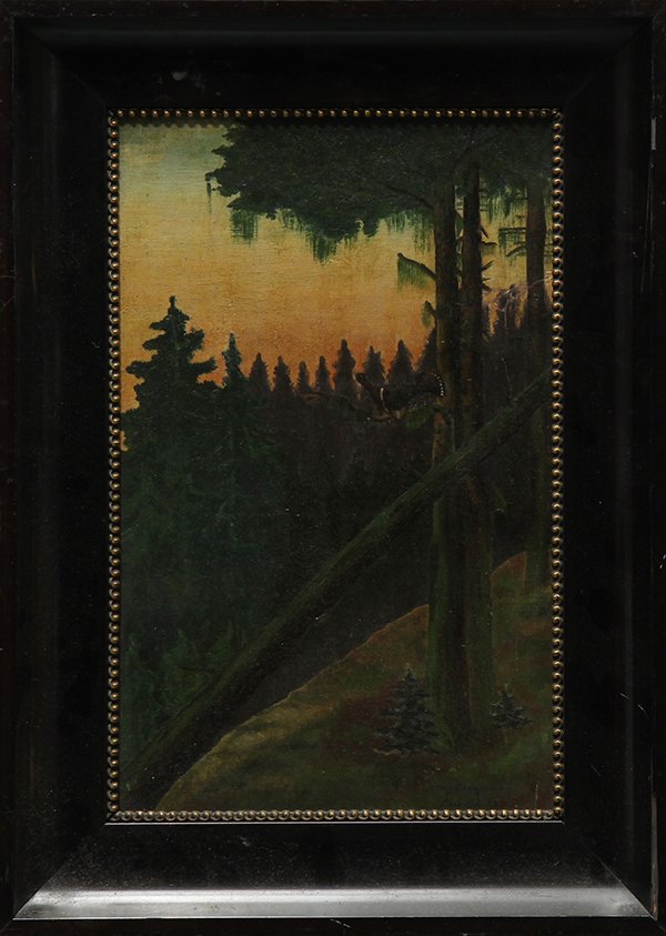 Painting, Sunset in the Forest, 1916: Sunset in the Forest, 1916, signed and dated "Georg Bergmann 1916" lower right, overall (with frame): 21.5"h x 15.5"w