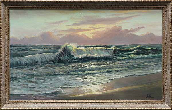 Painting, Carl Vilhelm Larsen, Sunset on the Waves: Carl Vilhelm Larsen (Danish, 1880-1993), Sunset on the Waves, oil on canvas, signed lower right, overall (with frame): 21.25"h x 33.5"w