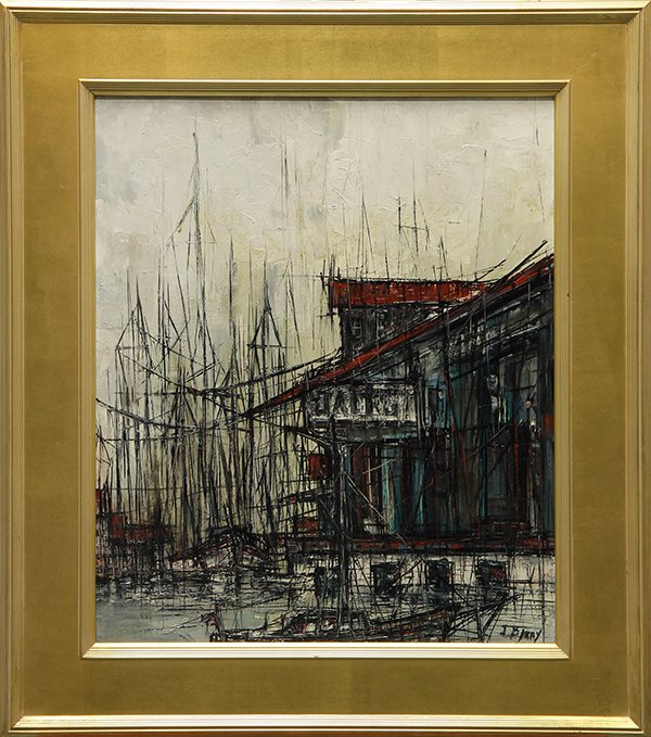Paintings, Harbor Scenes: (lot of 2) Harbor Scene, oil on board, signed "J. Barry" lower right, and Boats at the Dock, 1952, watercolor, signed and dated "Murd '52" lower right, largest overall (with frames): 31.5"h x 27.5"w