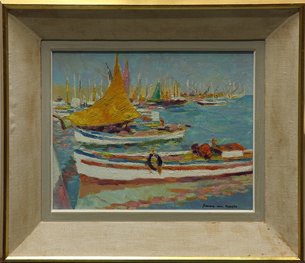 Painting, Mediterranean Harbor Scene: Mediterranean Harbor Scene, oil on board, signed "Simone van Morris" lower right, overall (with frame): 20.5"h x 23.75"w