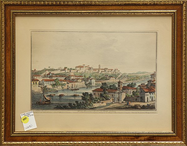 Prints, European Scenes: (lot of 2) Continental School (20th century), "Veduta Dell'Isola Tiberina," and "Monte Auentino e Vestigi del Ponte Sublicio," hand colored engravings, overall (with frame/each): 14.5"h x 18.5"w