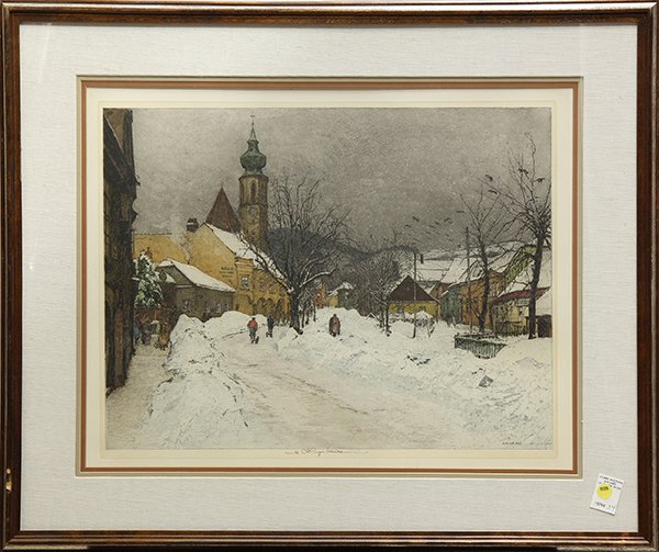 Print, Luigi Kasimir, Grinzing: Luigi Kasimir (Austrian, 1881-1962), ''Grinzing,'' 1940, color etching, pencil signed lower center, overall (with frame): 28.25''h x 33.5''w