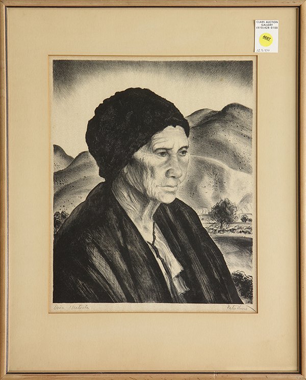 Print, Peter Hurd, Dona Nestorita: Peter Hurd (American, 1904-1984), "Dona Nestorita," lithograph, pencil signed lower right, titled lower left, Associated American Artists label affixed verso, overall (with frame): 20.75"h x 16.75"w