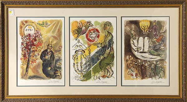 Prints, After Marc Chagall, Exodus: (lot of 3) After Marc Chagall (French/Russian, 1887-1985), Moses and the Burning Bush, Bezaleel and his Golden Cherubim, and Moses Shows the Elders the Tablets of the Law, from the Exodus Suite, print