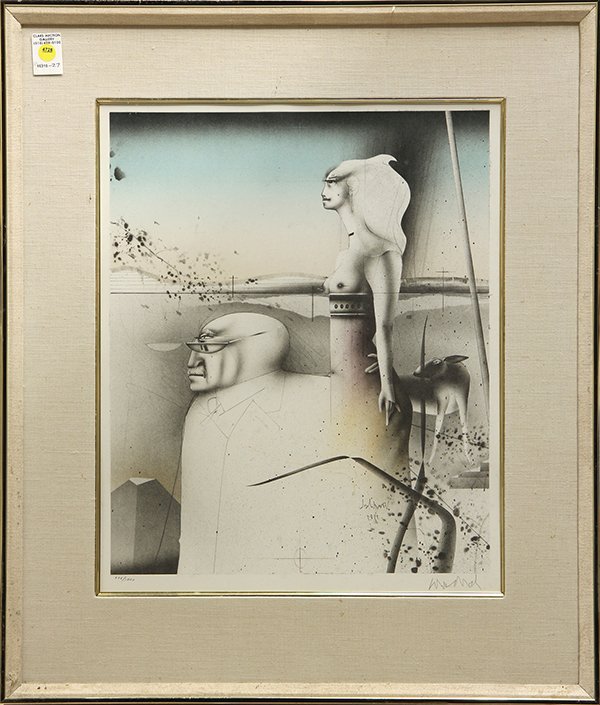 Print, Paul Wunderlich, Surreal Scene with Two Figures: Paul Wunderlich (German, 1927-2010), Surreal Scene with Two Figures, lithograph, pencil signed lower right, edition 776/1000, overall (with frame): 30.25"h x 30.75"w