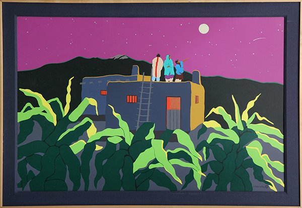 Painting by Jonathan Warm Day: Jonathan Warm Day (American, b. 1952), Watching the Night Sky, acrylic on canvas, signed lower right, overall (with frame): 42.5"h x 60.5"w