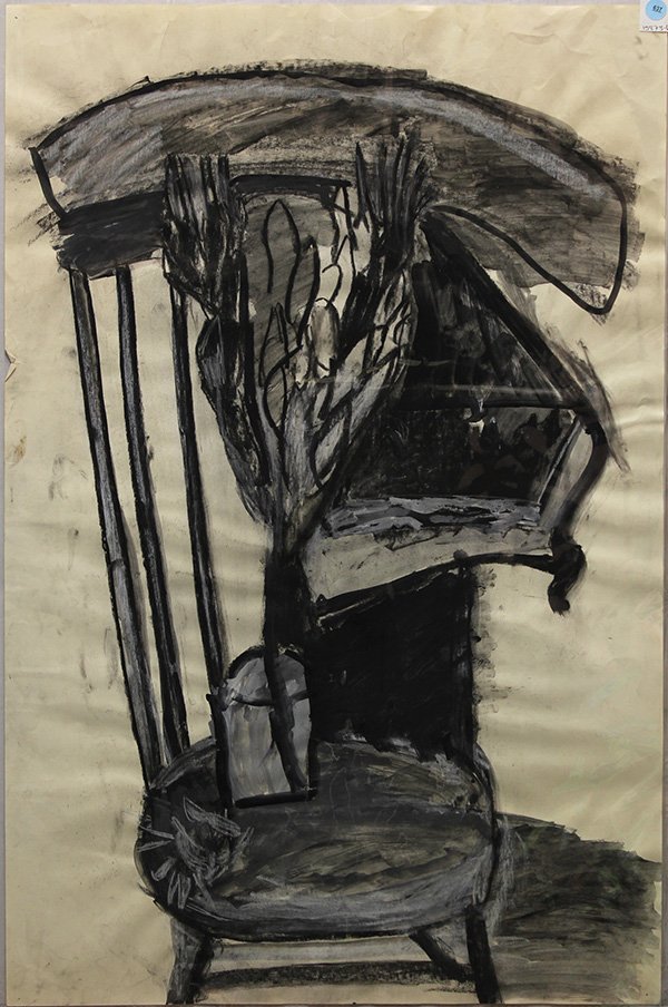 Drawings, Phe Ruiz: (lot of 2) Phe Ruiz (American, b. 1965), Abstract Chair with Plant / Baby in High Chair, charcoal and chalk on paper, unsigned, sheets (both unframed): 35''h x 23.25''h