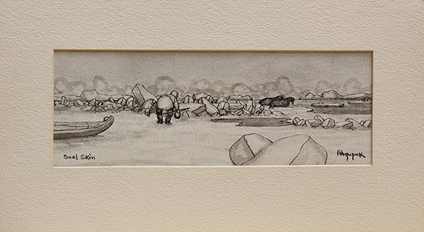 Drawing, Inuit (20th century), Seal Skin: Inuit (20th century), "Seal Skin," ink drawing on sealskin, signed "Ahqupuk" lower right, titled lower left, overall (unframed with mat): 7.75"h x 13"w