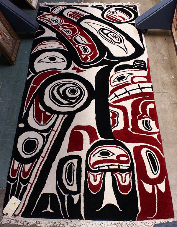 Nepalese wool rug, having an Inuit design in cream, red: Nepalese wool rug, having an Inuit design in cream, red and black, 8" x 3'8"