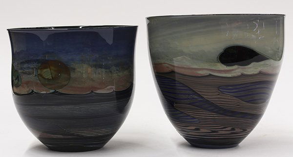 (lot of 2) John Lewis internally decorated art glass: (lot of 2) John Lewis internally decorated art glass bowls, of tapered form, decorated with stylized landscapes in muted colors captured in clear glass, the larger with a black interior and signed 'Le