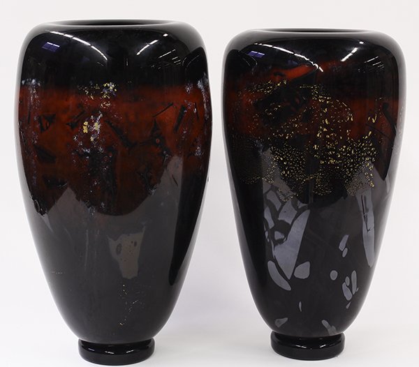 Pair of monumental Michael Nourot art glass vases,: Pair of monumental Michael Nourot art glass vases, 1998, executed in black glass centering a band of red glass with gilt and other inclusions, of urn form, the inverted rims on wide shoulders tapering
