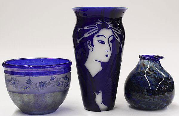 Art Glass group: (lot of 3) Art Glass group consisting of a Joan Irving art glass tapered form vase in cobalt cut to clear glass, depicting a geisha holding a fan, signed "U/P Studios 10-20-81, Joan Irving", 10.5"h; a