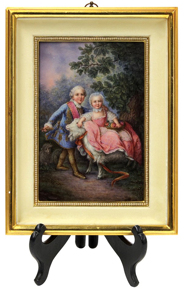 KPM (Berlin) scenic porcelain plaque: KPM (Berlin) scenic porcelain plaque, after a painting by Francois-Hubert Drovais (1727-1775) depicting the royal children Charles X of France and his sister Marie Clotilde, in a pastoral setting, the