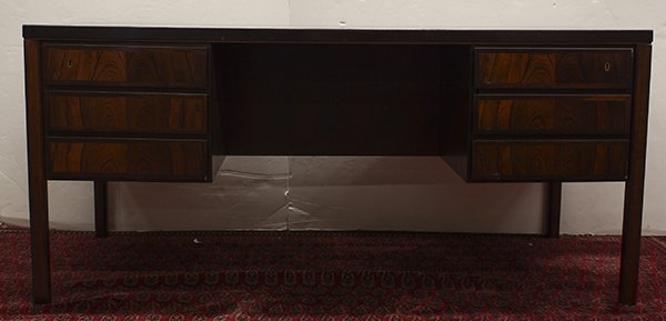 Danish Mid Century Modern Omann Jun rosewood partners: Danish Mid Century Modern Omann Jun rosewood partners desk, the rectangular top over a four drawer case, one drawer having three faux doors, the opposite side with two open shelves and a fall front do
