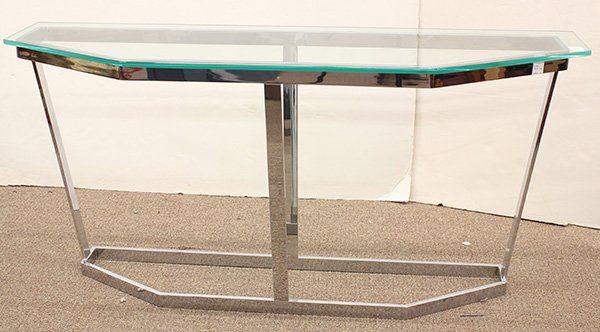 Italian Moderne glass top hall table: Italian Moderne glass top hall table, the demilune slab top rising on a confirming chromed base, 27"h x 56"w x 16.25"d