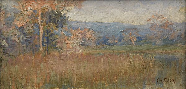 Painting, Charles Arthur Fries, Evening Glow: Charles Arthur Fries (American, 1854-1940), Evening Glow, oil on panel, signed lower right, board: 6"h x 12"w, overall (with frame): 8.5"h x 14.5"w