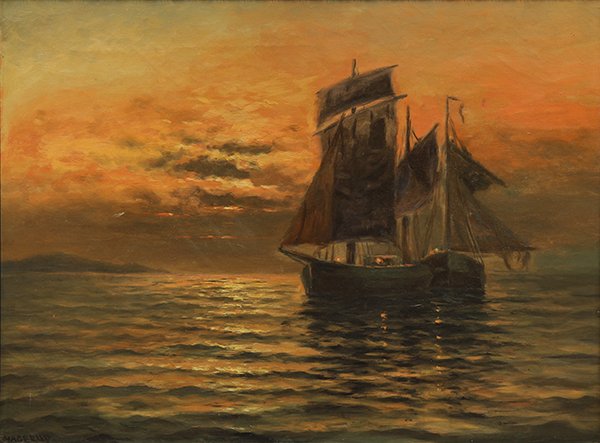 Painting, Nels Hagerup, Sailing at Sunset: Nels Hagerup (American, 1864-1922), Sailing at Sunset, oil on canvas, signed lower left, canvas: 28.25"h x 33.25"w, overall (with frame): 35.5"h x 43.5"w