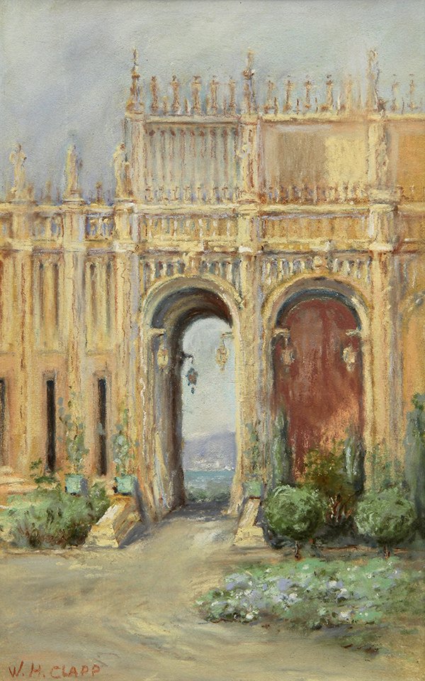 Pastel, William Henry Clapp, Cathedral by the Sea: William Henry Clapp (American, 1879-1954), Cathedral by the Sea, pastel on cardboard, signed lower left, sight: 10"h x 6.25"w, overall (with frame): 18.75"h x 16"w