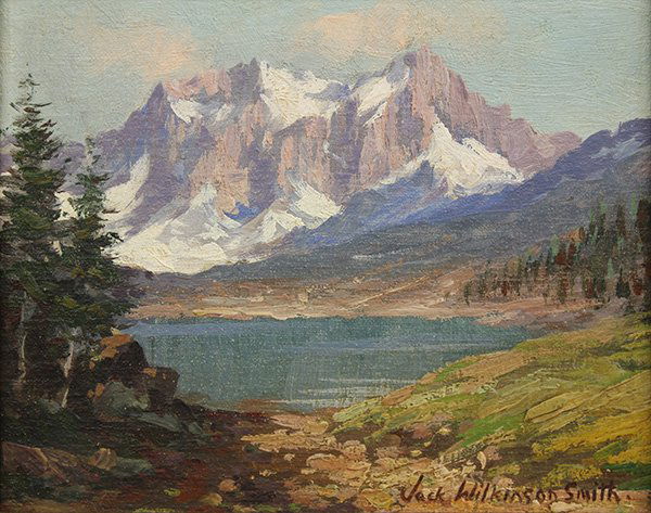 Painting, Jack Wilkinson Smith, View of the Sierras: Jack Wilkinson Smith (American, 1913-1974), View of the Sierras, oil on board, signed lower right, board: 5.75"h x 7"w, overall (with frame): 8"h x 9.5"w