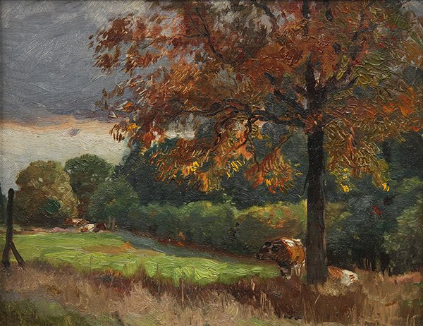 Painting, Mathias Joseph Alten, Grand Rapids, 1919: Mathias Joseph Alten (American, 1871-1938), "Grand Rapids," 1919, oil on board, signed lower left, title inscribed verso, board: 11"h x 13"w, overall (with frame): 14.5"h x 17.5"w