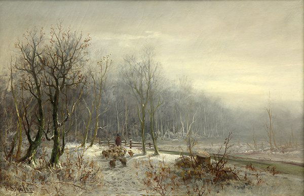 Painting by Frederick Ferdinand Schafer: Frederick Ferdinand Schafer (American, 1839-1927), A Shepherd and his Flock in Winter, oil on canvas, signed lower left, canvas: 20.25"h x 30.25"w, overall (with frame): 30"h x 40"w