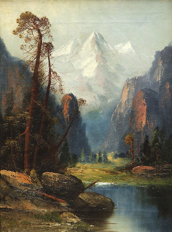 Painting, Frederick Ferdinand Schafer, Study - Yosemite: Frederick Ferdinand Schafer (American, 1839-1927), Study - Yosemite Valley, oil on canvas, unsigned, gallery title label (George Stern Fine Arts, Los Angeles, CA) affixed verso, canvas: 12"h x 9"w, ov