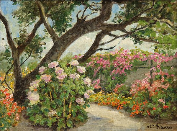 Painting, William Adam, Garden Path: William Adam (American, 1846-1931), Garden Path, oil on board, signed lower right, board: 9.25"h x 12.25"w, overall (with frame): 16.25"h x 19.25"w