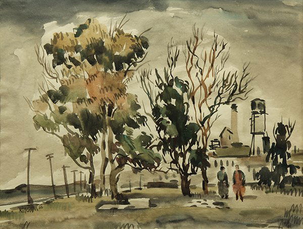Watercolor by Dong Kingman: Dong Kingman (American, 1911-2000), Landscape with Figures by a Factory, watercolor, signed lower left, sight: 18.5"h x 24.5"w, overall (with frame): 28.25"h x 34"w